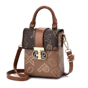 Chic women's crossbody phone bag with brown letter print and gold metal twist lock