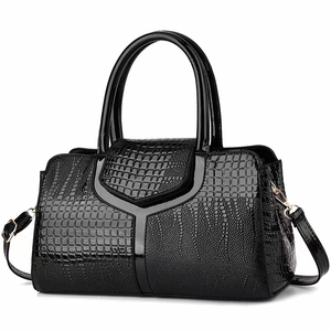 Elegant black crocodile pattern handbag with V-shaped design and top handles for women