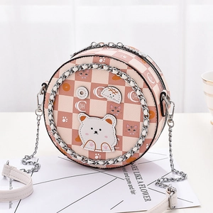 Pink checkered round crossbody bag with cute cat patterns and cartoon bear detail