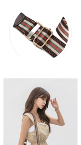 Macro view of wide woven bag strap with green-red stripes and gold metal hardware