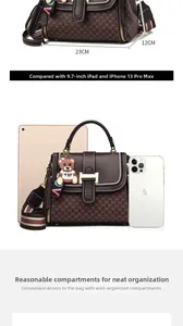 Detail shot of a brown monogram handbag showing 23cm dimensions and iPad compatibility