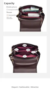 Detail view of the brown leather bag's inner compartments and red fabric lining storage