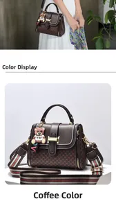 Detail of coffee monogram crossbody bag with golden clasp and decorative toy bear charm