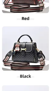 Detailed comparison of red and black textured handbags with metal H-buckle and striped strap