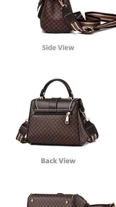 Detailed views of brown vintage crossbody bag with logo pattern and striped shoulder strap