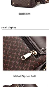 Detail view of the brown monogram bag showing metal bottom studs and gold hardware zipper