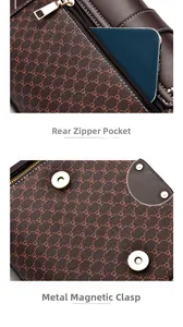 Detail of crossbody bag featuring hidden back zipper pocket and metallic magnetic buckle
