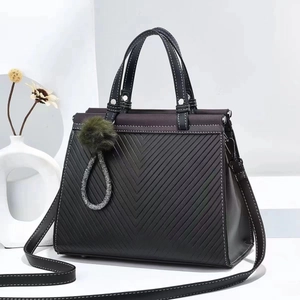 Women Handbag PU Leather Large Capacity V-Quilted Embossed Tote With Fur Ball Charm Retro Shoulder Crossbody Bag