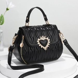 Wave Quilted PU Leather Handbag Heart Crown Metal Buckle Elegant Shoulder Crossbody Bag For Women Daily Party Style