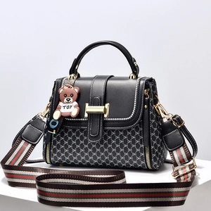 Women Fashion Letter Print Crossbody Bag Retro PU Leather Small Square Handbag With Bear Pendant Wide Stripe Strap For Daily Use