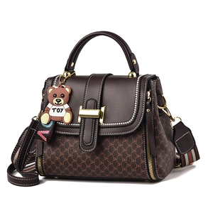 Brown monogram small square crossbody bag with gold H buckle and cute bear pendant
