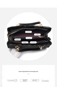 Detailed interior view of multi-compartment leather handbag showing storage space