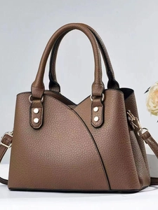 Brown lychee grain large tote bag with gold studs and detachable shoulder strap