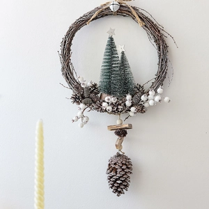 Nordic Christmas vine wreath with snowy pine cones and miniature velvet trees door decor