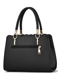 Elegant black PU leather tote with wavy trim, gold ring handles and rear zipper pocket