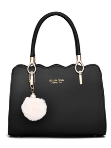 Elegant black faux leather tote with scalloped edges, golden hardware, and white fur charm
