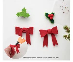 DIY Christmas felt holly leaves and red bow accessories with hot glue application steps