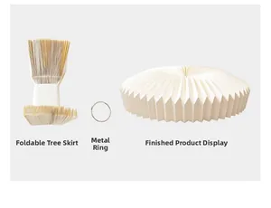 Foldable beige pleated paper Christmas tree skirt with metal support ring stand