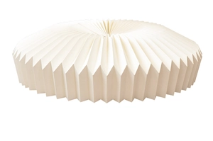 Detailed macro view of cream pleated paper lamp shade with minimalist origami texture