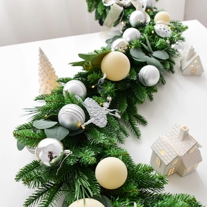1.8m Christmas PE garland with eucalyptus leaves, silver baubles, and warm LED lights