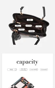 Detailed interior of black lattice handbag showing multi-pocket storage and large capacity