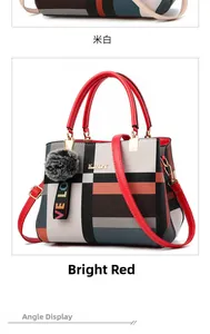 Detail of multi-color plaid crossbody bag with KUOY metal logo and plush pendant decoration
