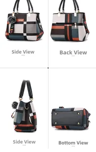 Detailed views of checkered handbag showing side, back, side profile, and studded base