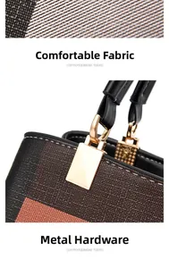 Macro shot of checkered fabric texture and polished gold hardware of the handbag
