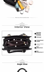 Detail view of the large capacity black handbag showing multiple inner storage pockets