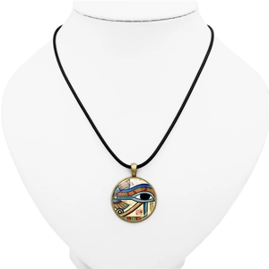 Egyptian Eye of Horus glass gem pendant necklace with vintage bronze metal and black cord