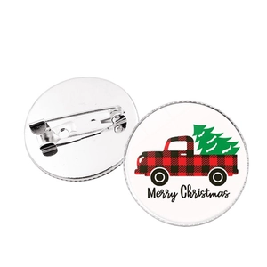 Christmas tinplate badge with red plaid truck, Merry Christmas text and metal pin back
