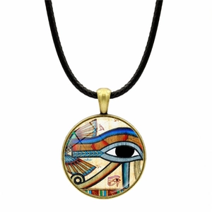 Vintage Egyptian Eye of Horus bronze necklace with a colorful artistic glass pendant