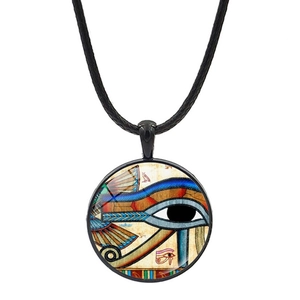 Vintage Eye of Horus necklace with colorful wing pendant on a black woven rope