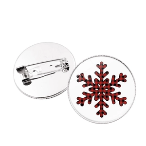 Christmas Round Brooch Pin Alloy Glass Buffalo Plaid Snowflake Elk Merry Christmas Print Badge For Xmas Party Decoration