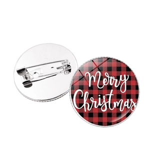 Red buffalo plaid Christmas brooch with Merry Christmas text and silver pin backing