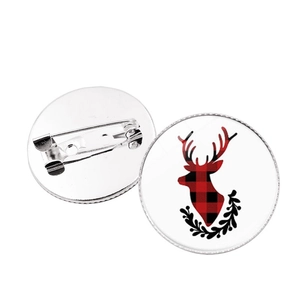 Christmas buffalo plaid elk round brooch pin with snowflake elements and safety clasp