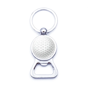 Detail of silver golf ball keychain bottle opener with a white textured round insert