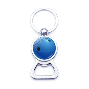 Close-up of bowling pattern keychain with functional metal bottle opener tool