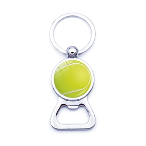 Polished silver metal tennis ball keychain bottle opener with a clear glass dome finish