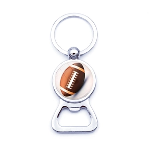 Polished metal keychain bottle opener featuring an American football graphic on white background