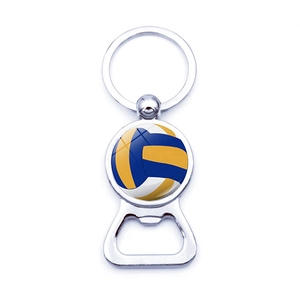 Metal volleyball keychain bottle opener with a polished silver finish on white background