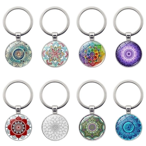 Mandala Keychain Zinc Alloy Glass Cabochon Round Pendant Bohemian Retro Art Style Key Ring For Women Men