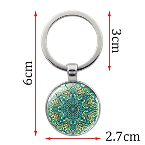 Mandala glass gemstone keychain with silver metal ring, dimensions shown as 6cm in length