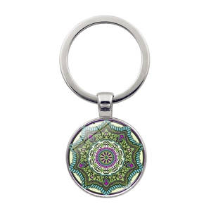 Macro detail of mandala glass dome keychain with colorful symmetric pattern inlay