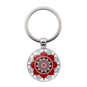 Symmetric mandala glass cabochon keychain with silver metal ring and red floral pattern