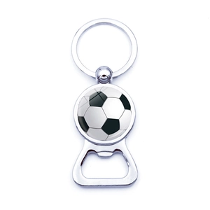 Soccer ball keychain bottle opener made of polished zinc alloy with glass dome ornament