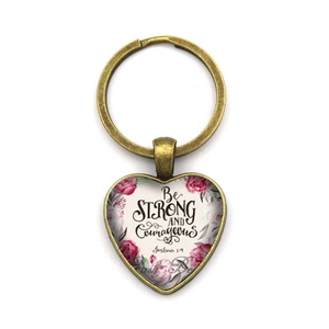 Porte-clés cœur en bronze avec motif floral rose et citation biblique Josué 1:9 gravée