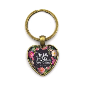 Porte-clés Cœur en Alliage de Zinc Vintage Citation Verset Biblique Floral Verre Cabochon pour Femmes Hommes Cadeau Anniversaire
