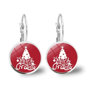 Detail of red festive Christmas tree earrings with Merry Christmas print on round studs