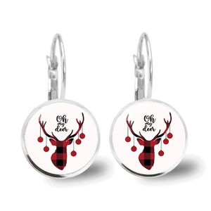 Close-up of silver leverback earrings featuring buffalo plaid reindeer and Oh My Deer text